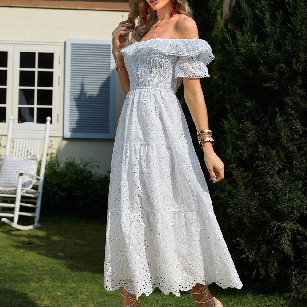 White Boho Womens Off Shoulder Ruffle Trim Schiffy Dress - Picture 5 of 5